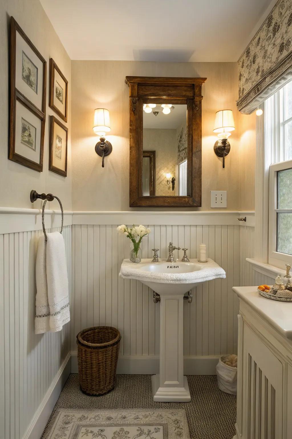 An alluring bathroom featuring beadboard halfway up the walls, complemented by a timeless mirror.