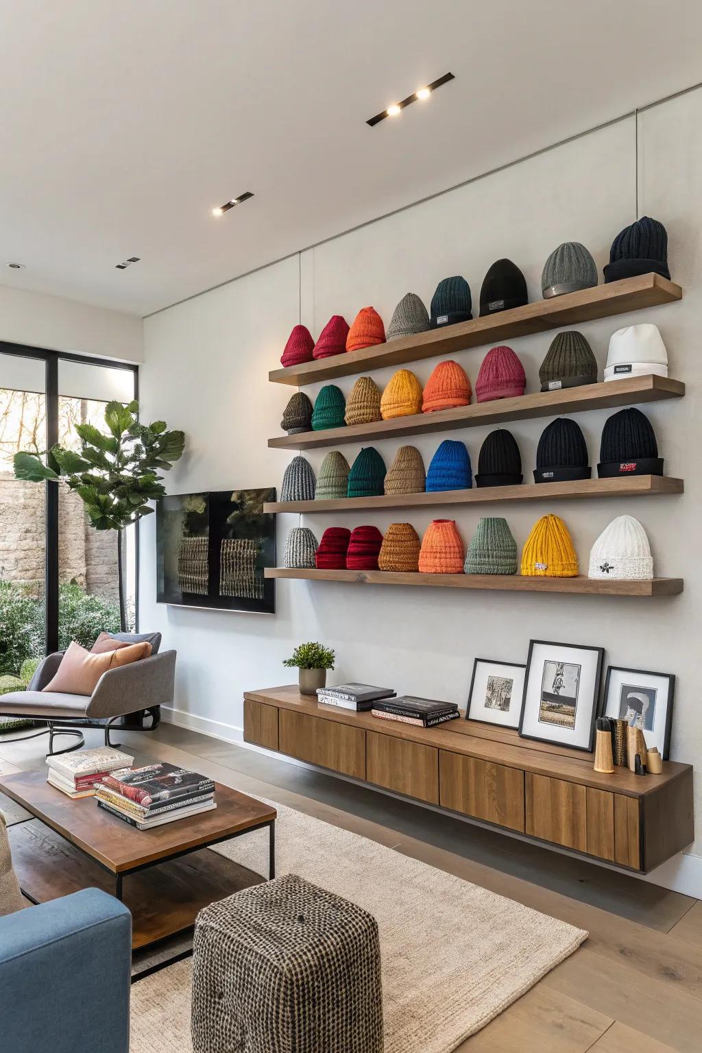Floating shelves: Where your beanies become a vibrant masterpiece.
