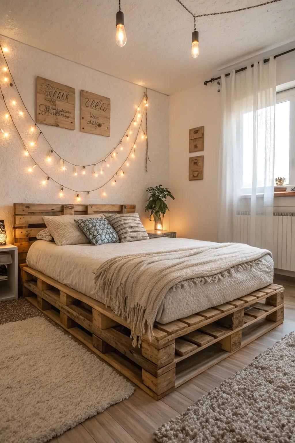 An earthy pallet bed base brings a comforting vibe and individuality to every bedroom.