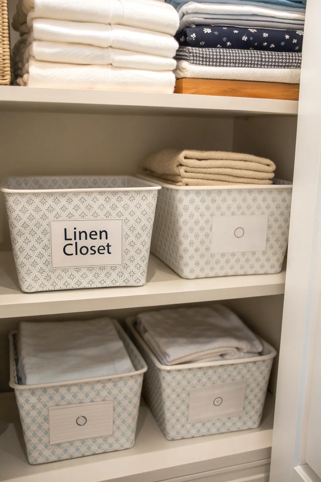Labeling storage containers makes finding bed sheets a simple task.