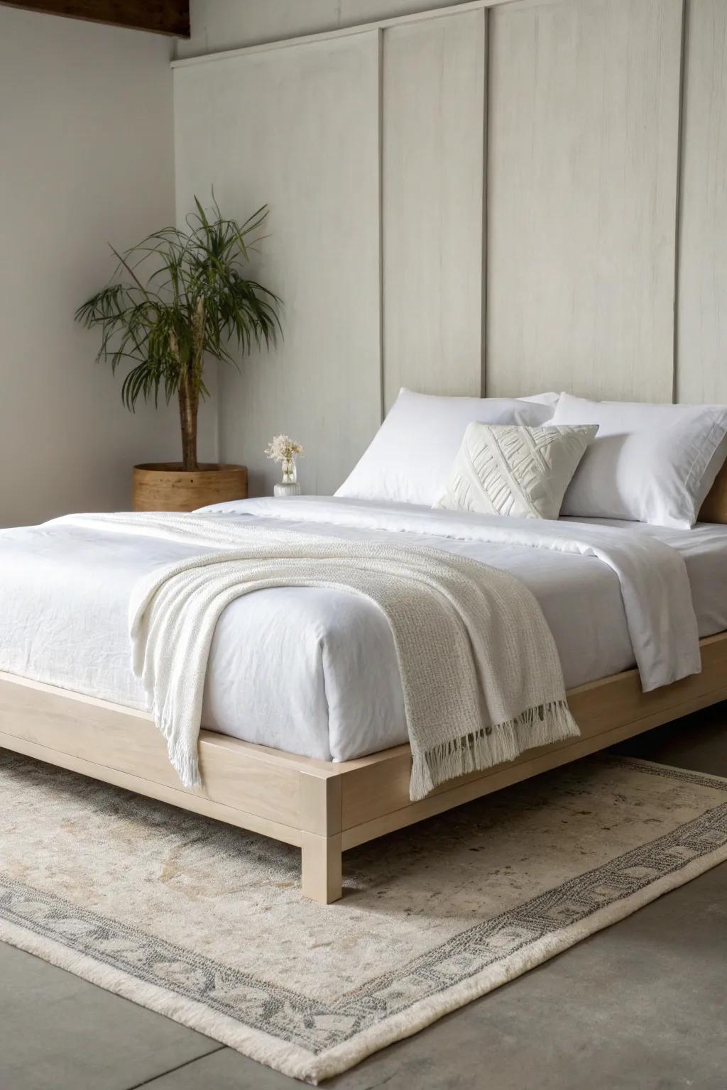A minimalist strategy using simple bedding can form a peaceful haven.