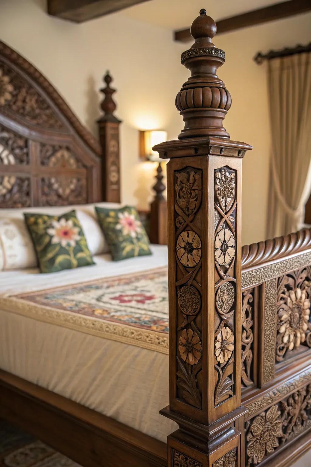 Decorated bedposts enhance the sophistication of any bedroom setting.