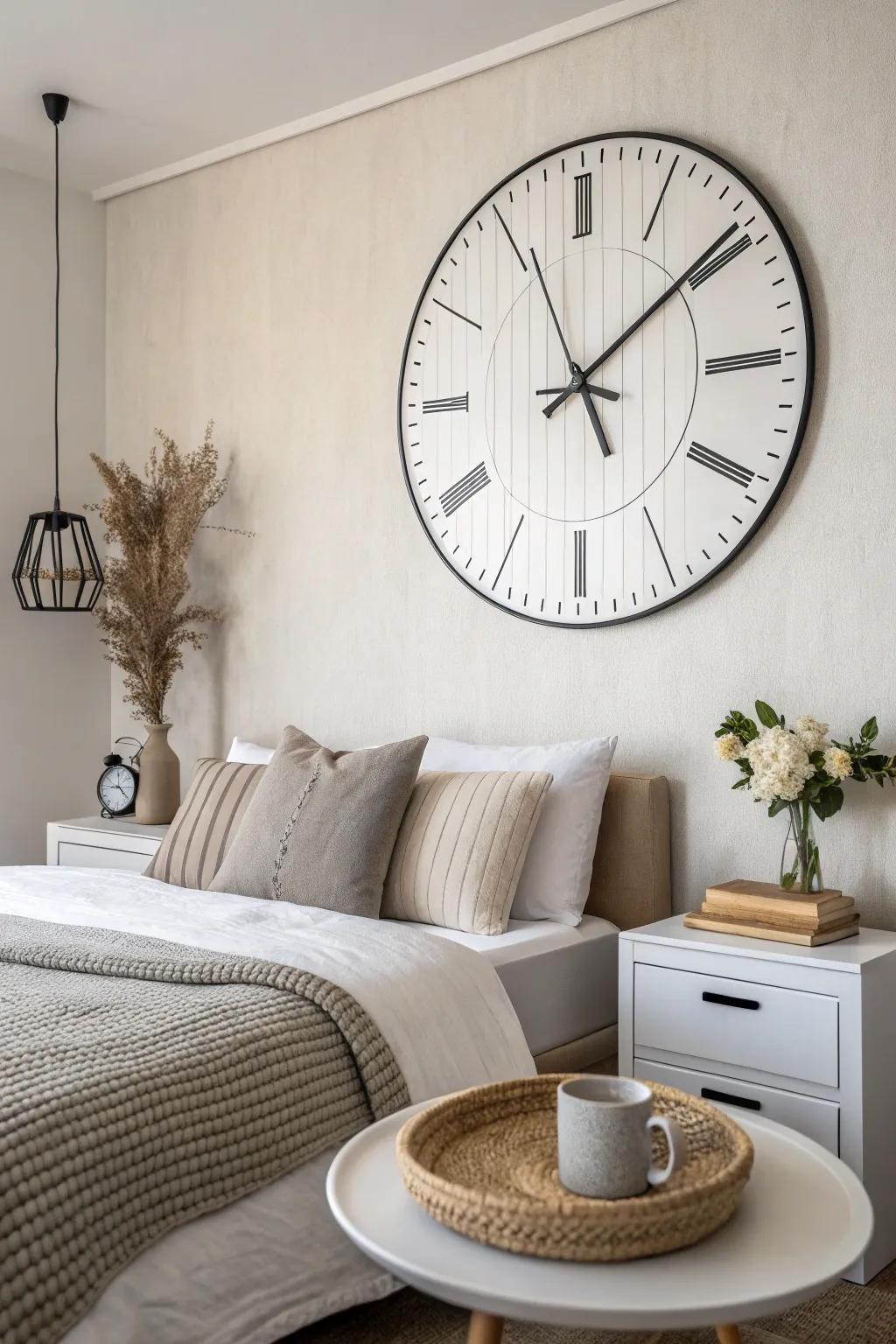 A minimalist clock lends a touch of contemporary sophistication to any bedroom.