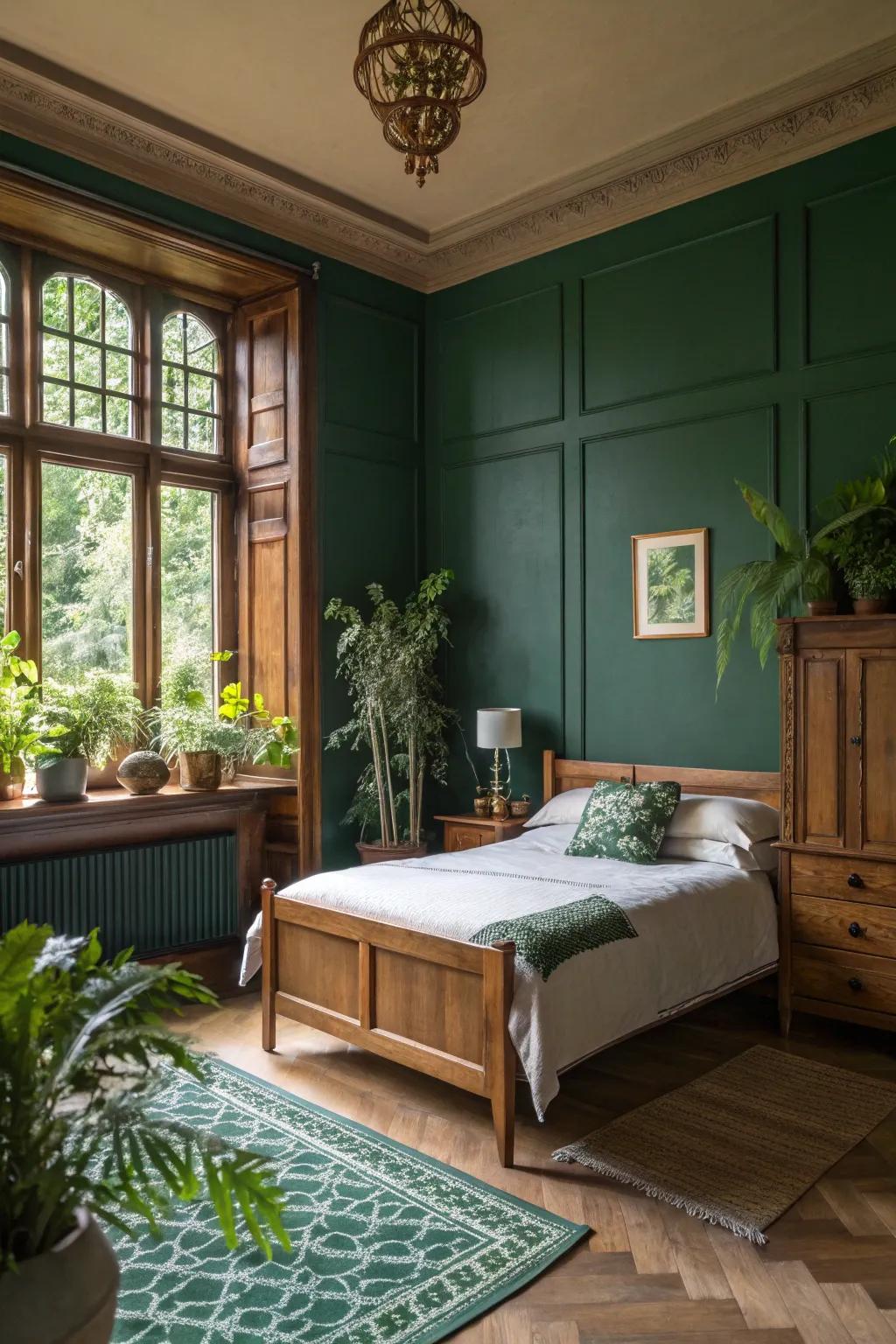 Rich green walls infuse the peacefulness of nature into your bedroom.