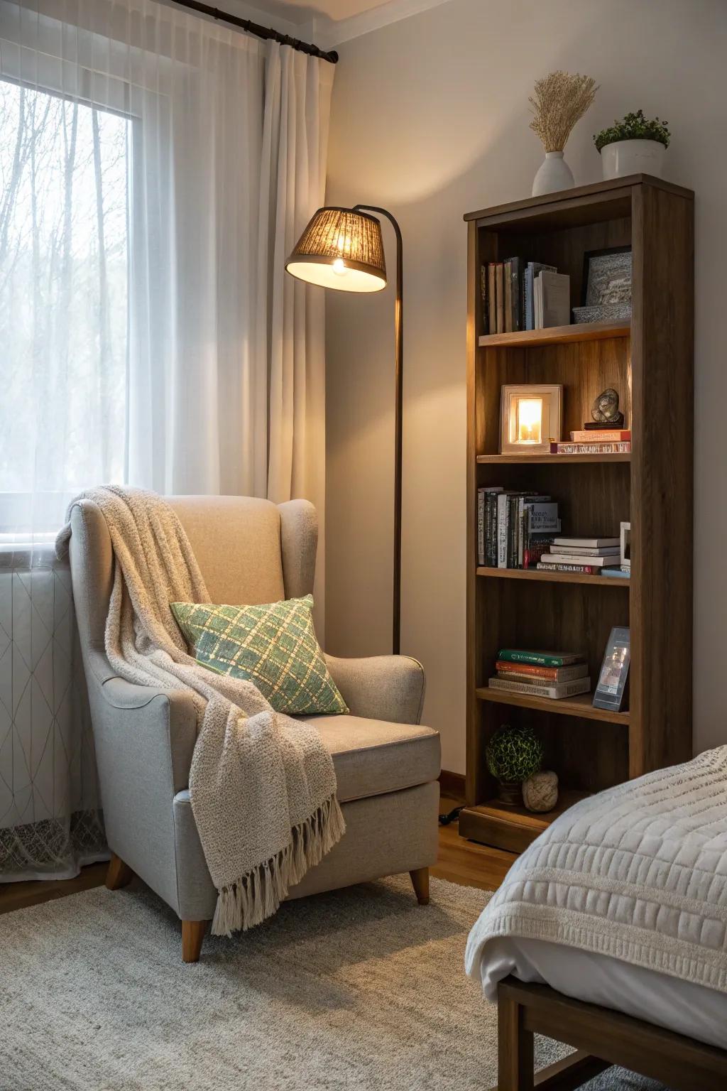 Craft an inviting reading retreat with a comfortable chair and soft lighting.