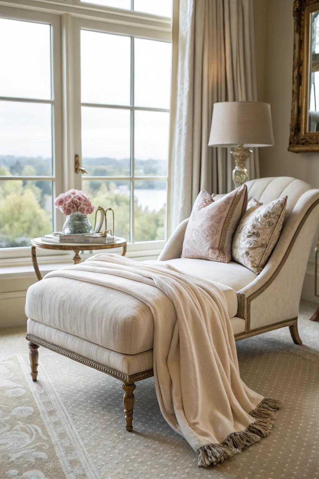 A tranquil bedroom featuring an extended seat, the perfect spot for reading and serene relaxation by the window.