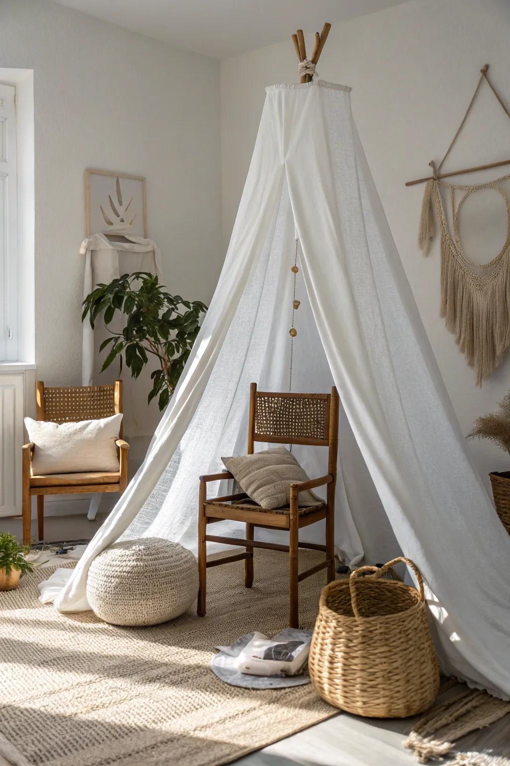 Rekindle the enchantment of childhood with a minimalist sheet fortress&mdash;your serene retreat for a peaceful afternoon.