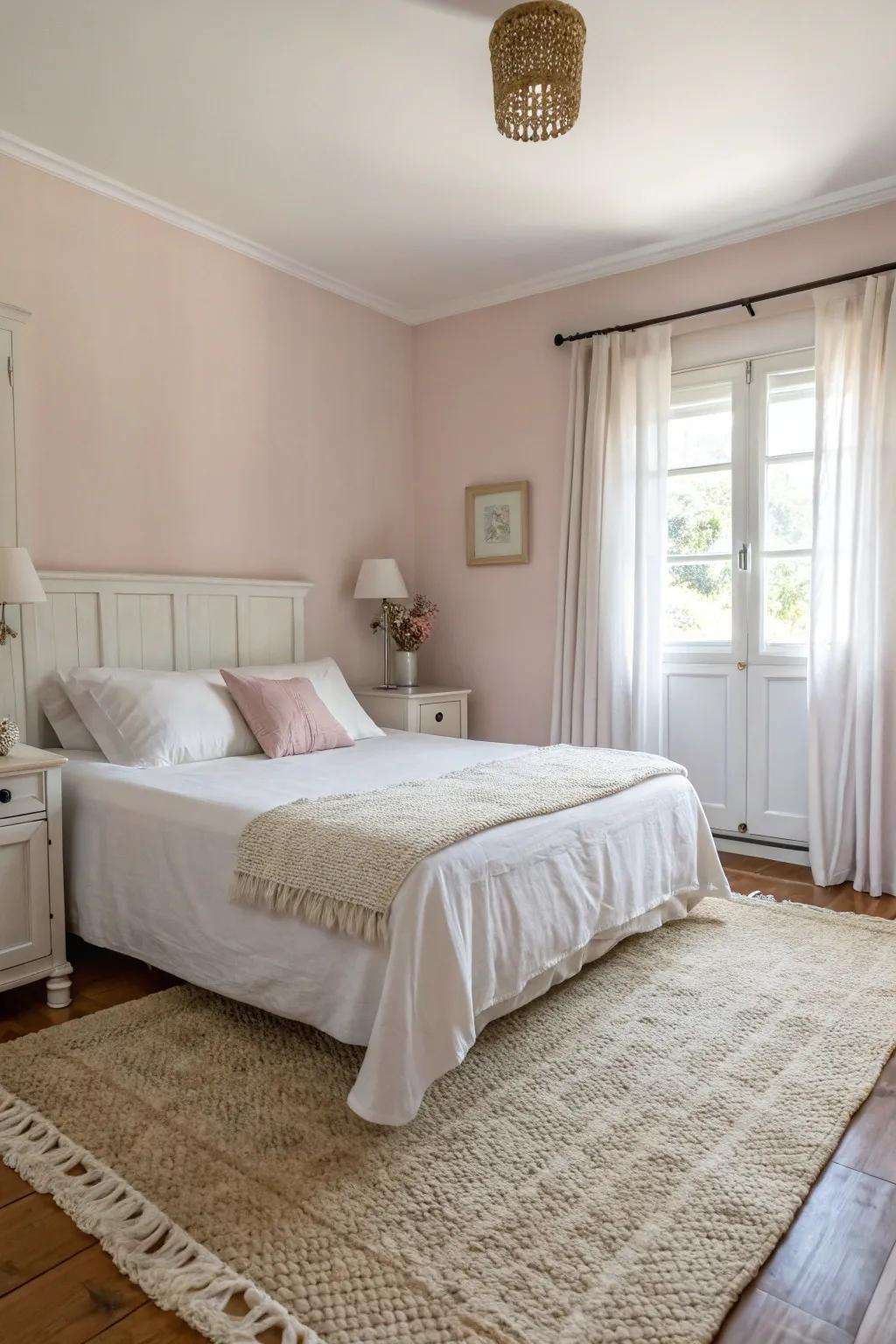A bedroom showcasing soft pastels and neutral hues for a tranquil effect.