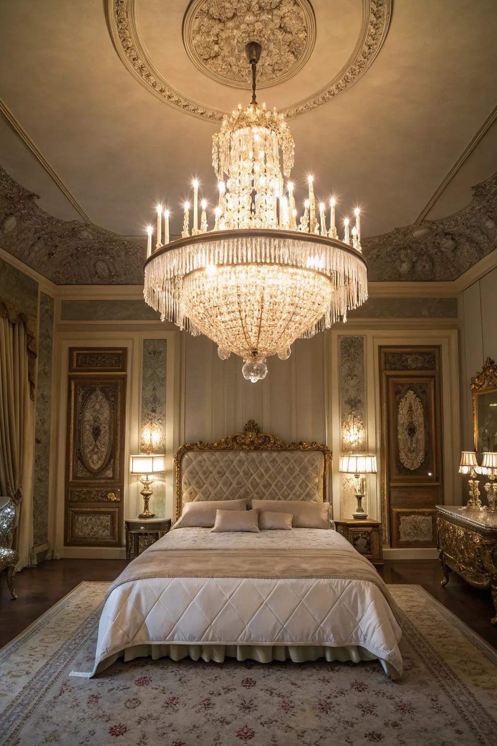 An exquisite chandelier infuses the bedroom with sophistication.
