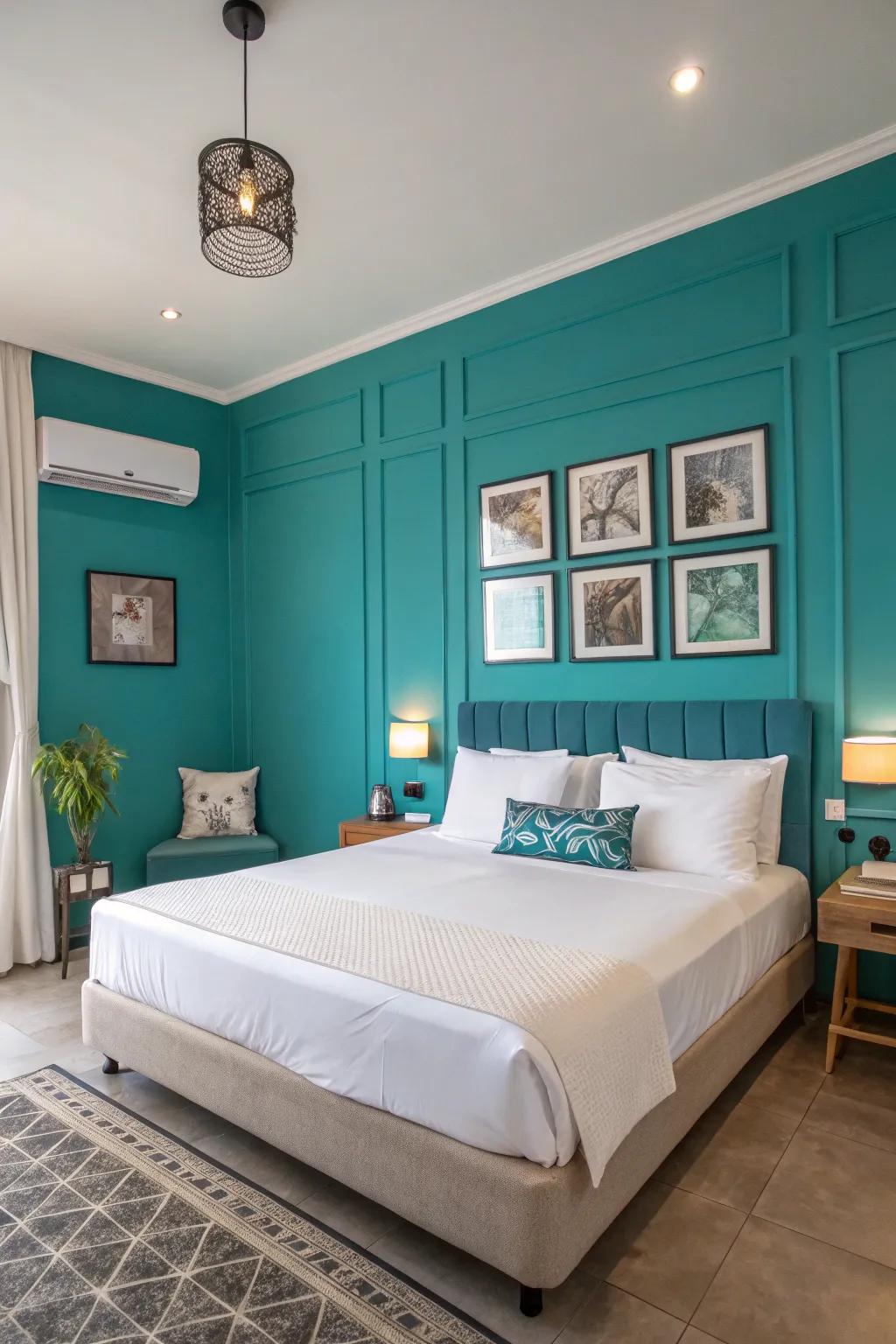A bedroom showcasing a bold blue feature wall.