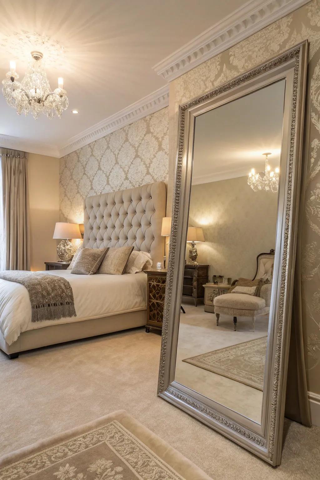 A beautifully designed bedroom featuring a full-length mirror that enhances the sense of space and style.