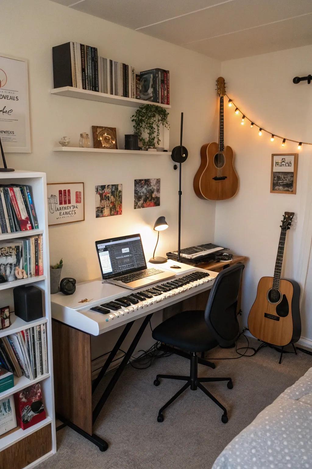 Effective utilization of a bedroom corner resulting in a compact, fully functional music studio design.