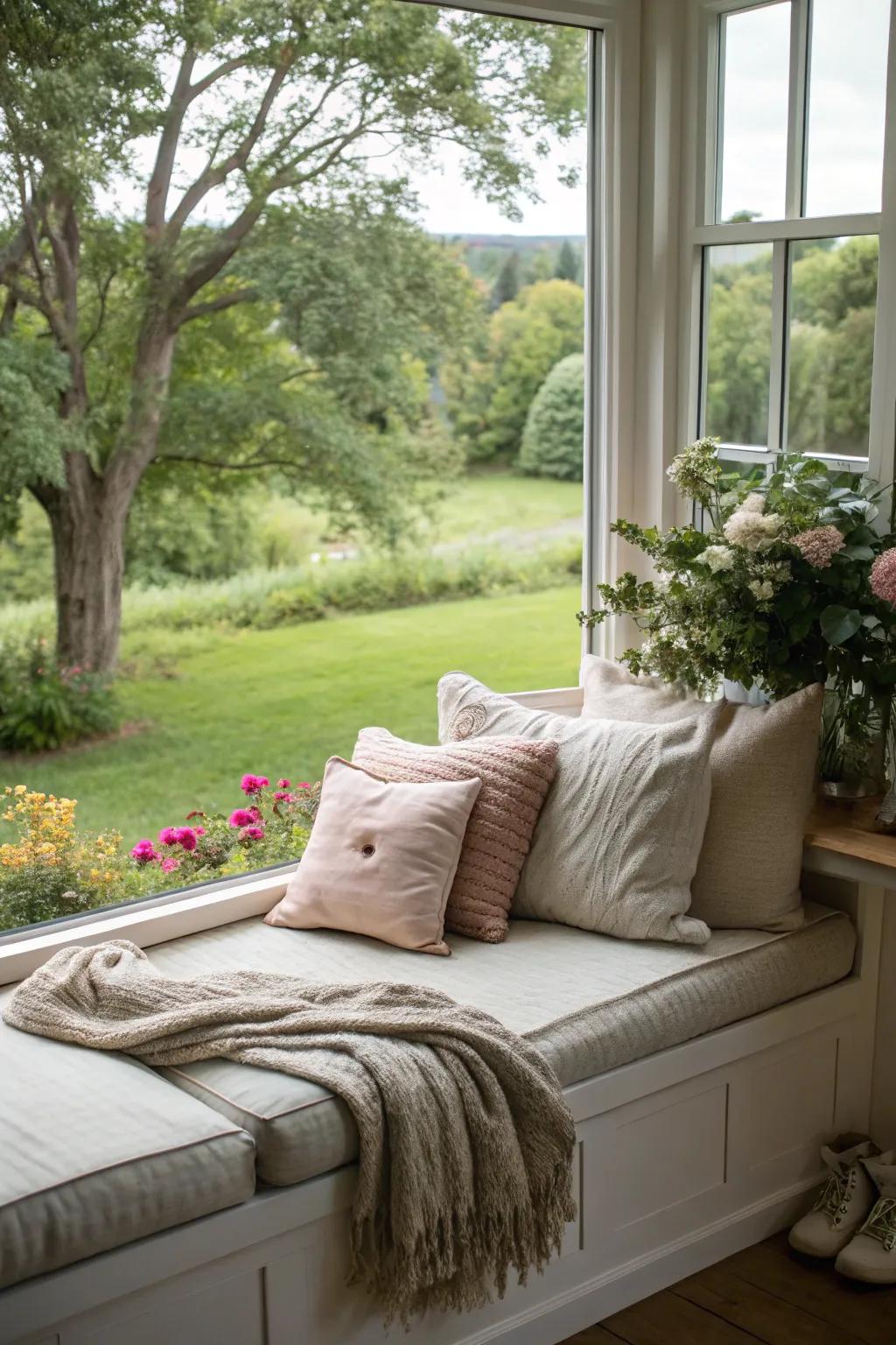 A lovely window seat in a bedroom, suitable for relaxing and enjoying the garden views.