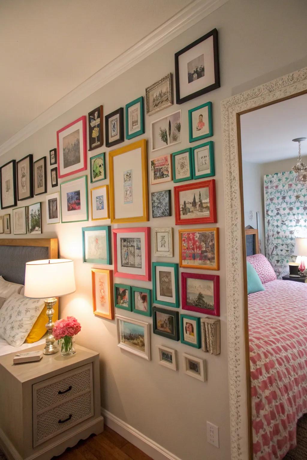 A gallery wall brings a personal and chic vibe, adding unique flair to your bedroom.