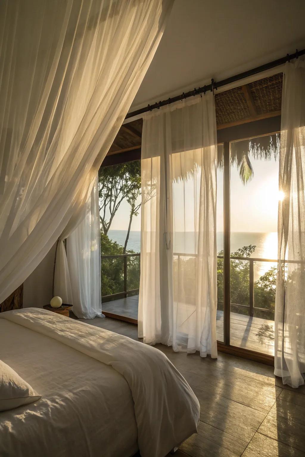 Lightweight drapes filter sunlight, gently brightening your bedroom.
