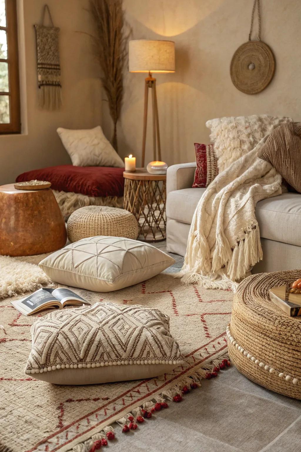 Varied textures infuse warmth and depth into this beige lounge area.