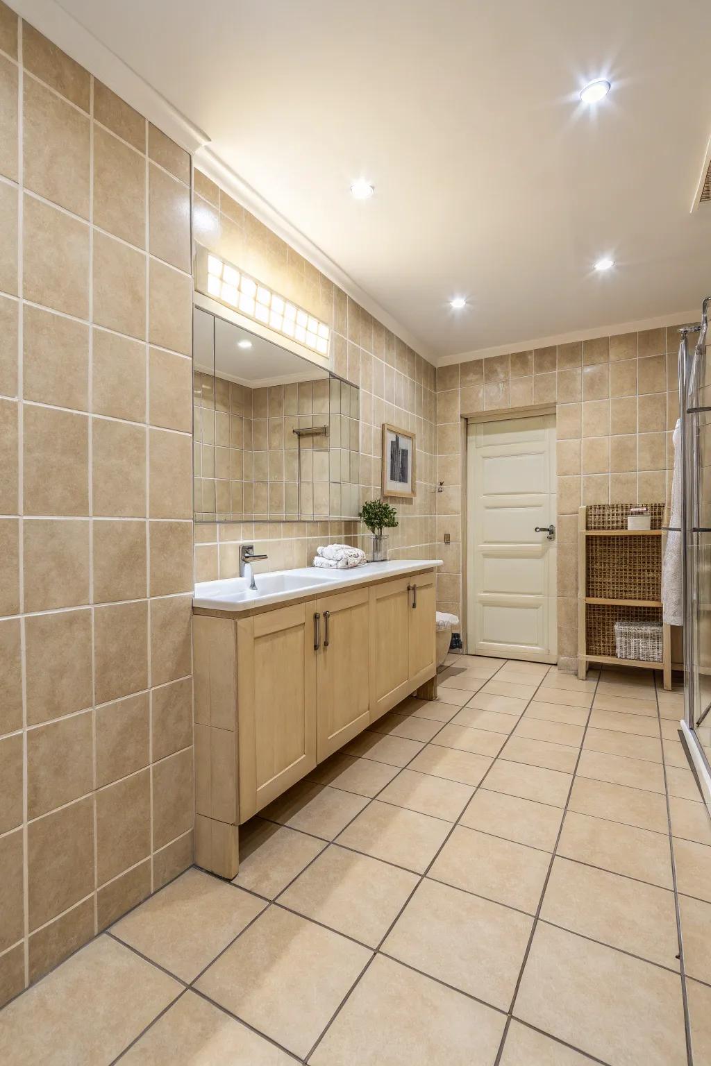 Create a seamless oasis with all-over beige tile design.