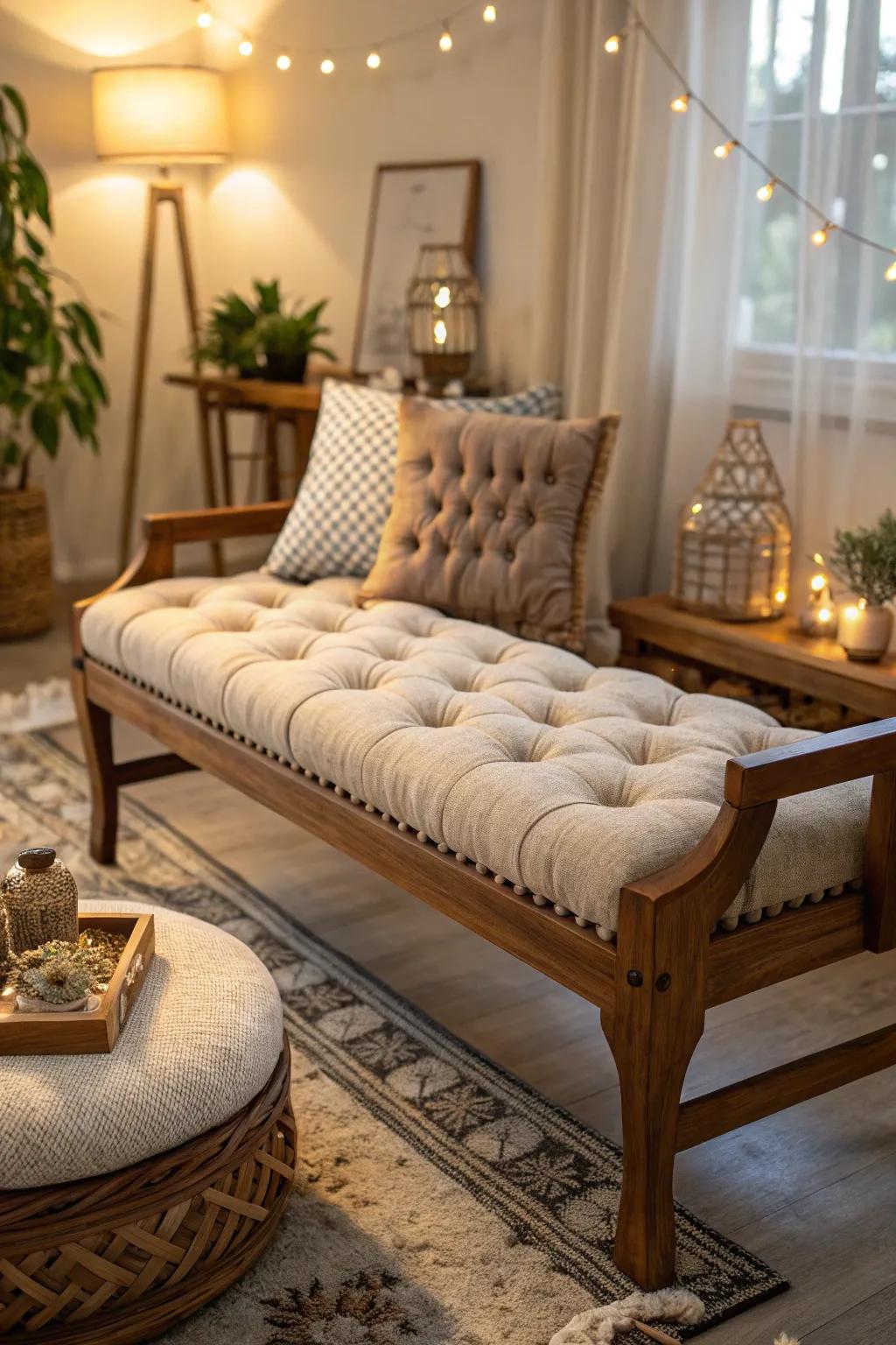 A button-tufted seat exudes enduring charm on every bench.