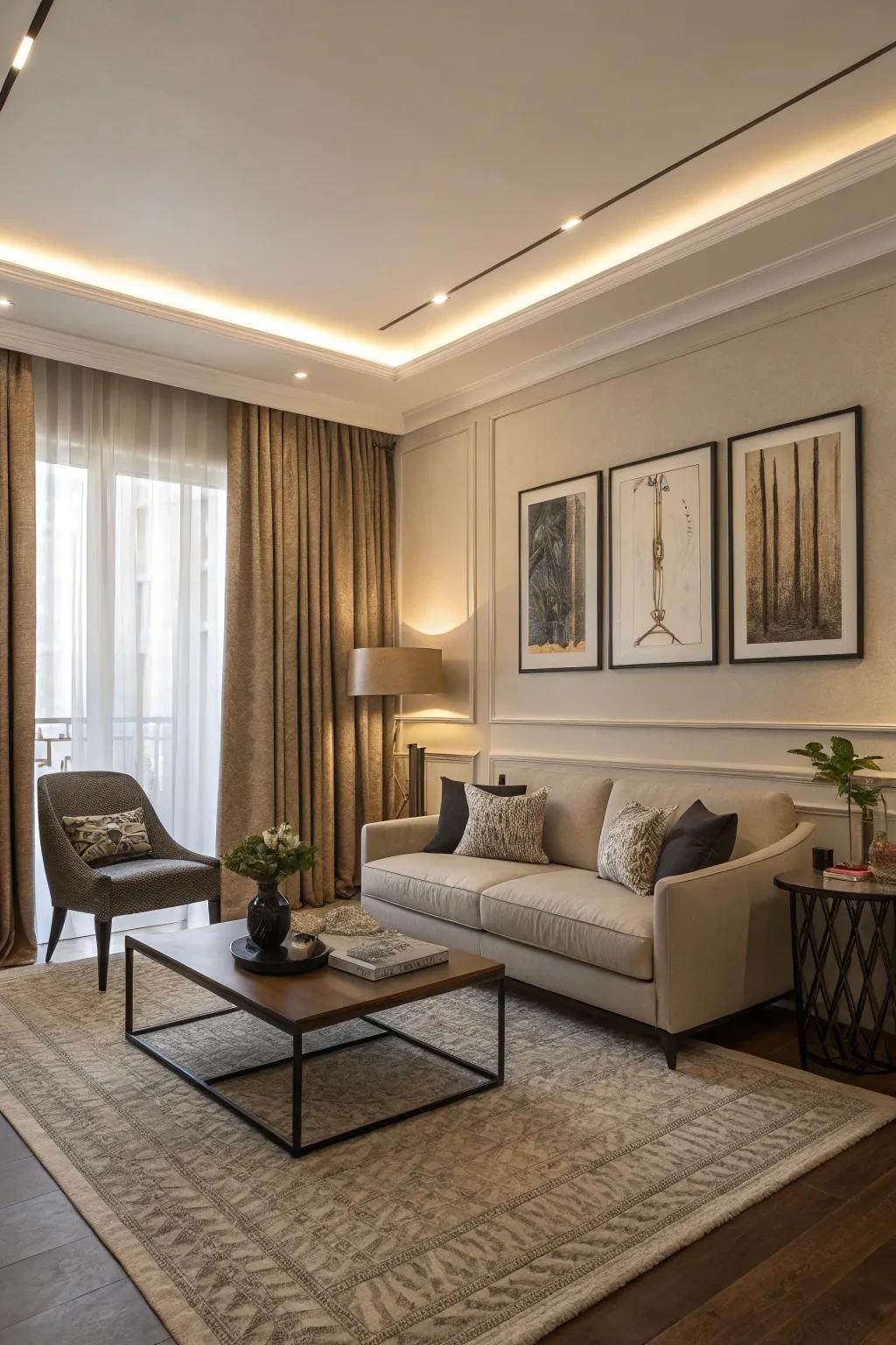 Understated window coverings offer a flexible and soothing setting for any living room.