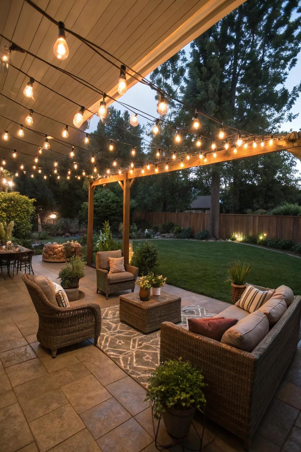 String lights cast a cozy glow over outdoor spaces.