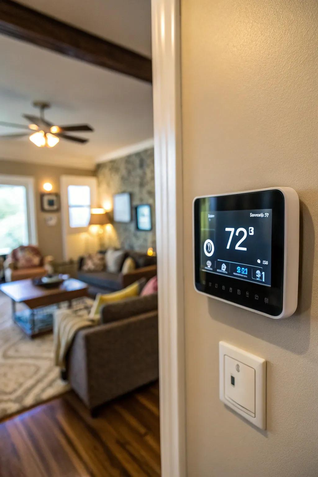 A climate regulator mounted stylishly in a family room, optimizing the use of home energy.