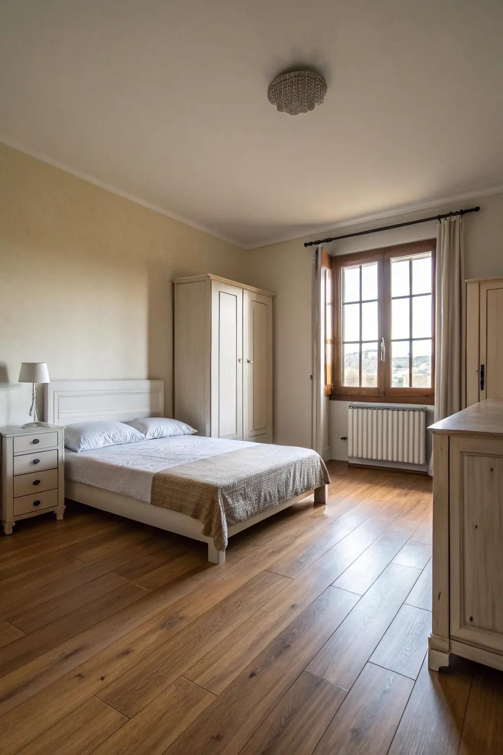 A spacious bedroom featuring minimalist furniture, highlighting the serene open floor space.