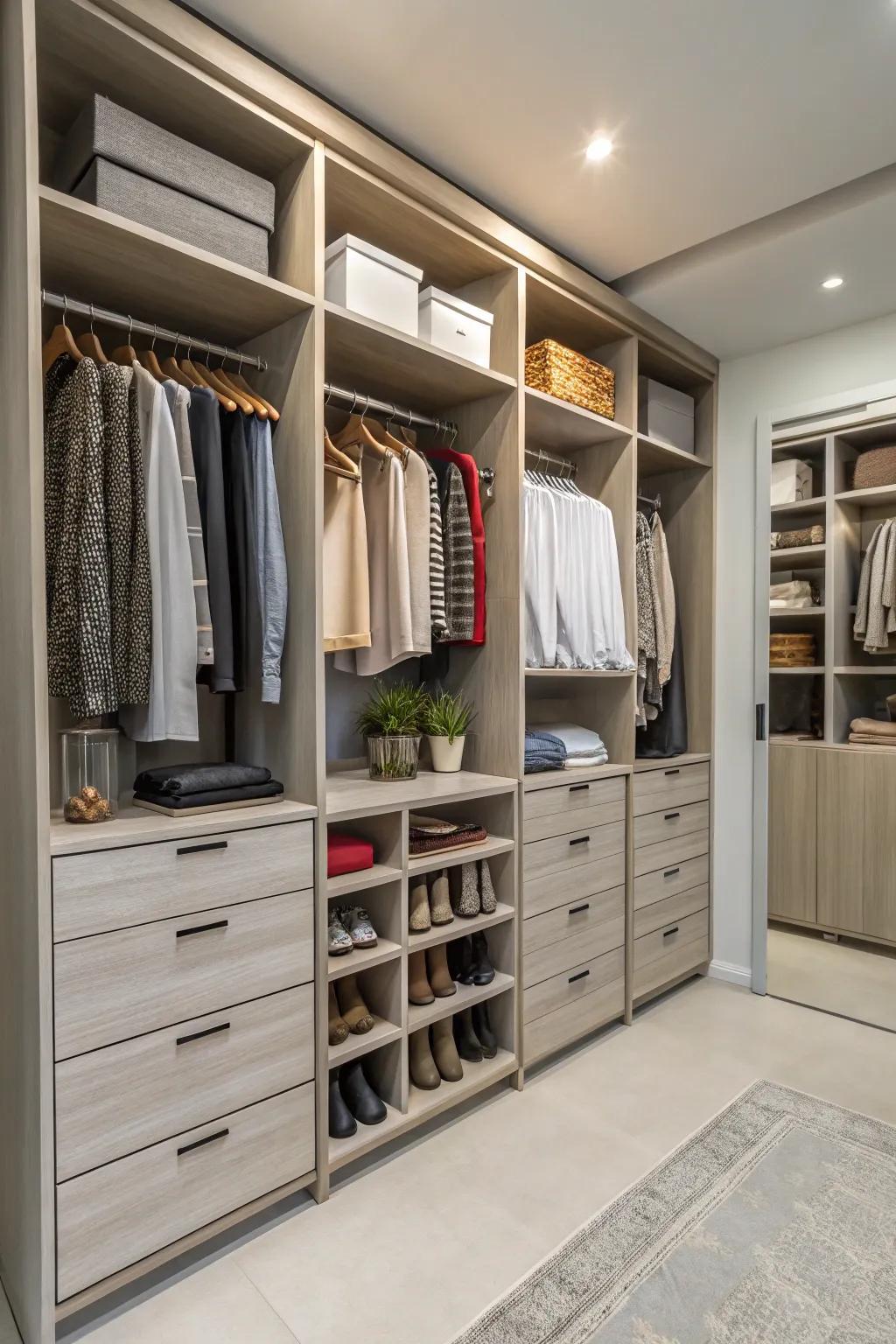 A large closet with mixed storage solutions including drawers, shelves, and hanging racks.