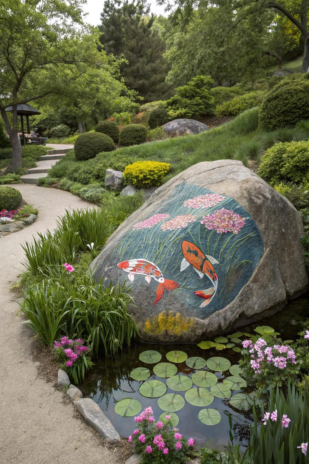 Infuse your garden with serenity using koi-themed stone art.