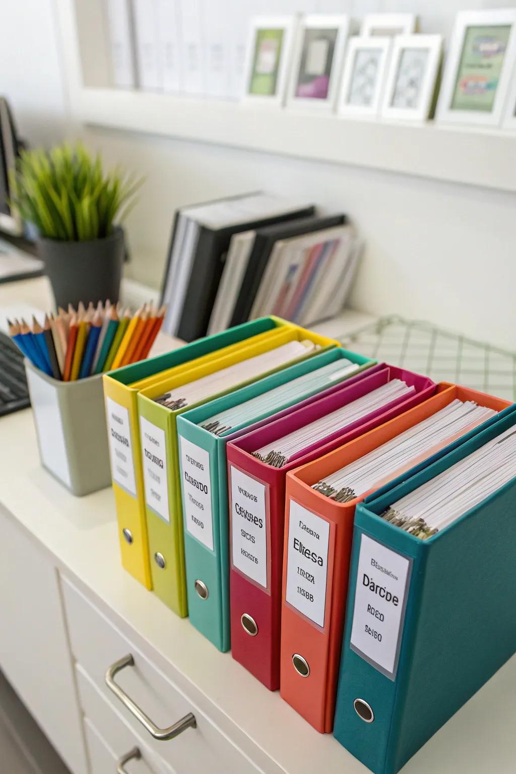 Binders in various colors for effortless organization.