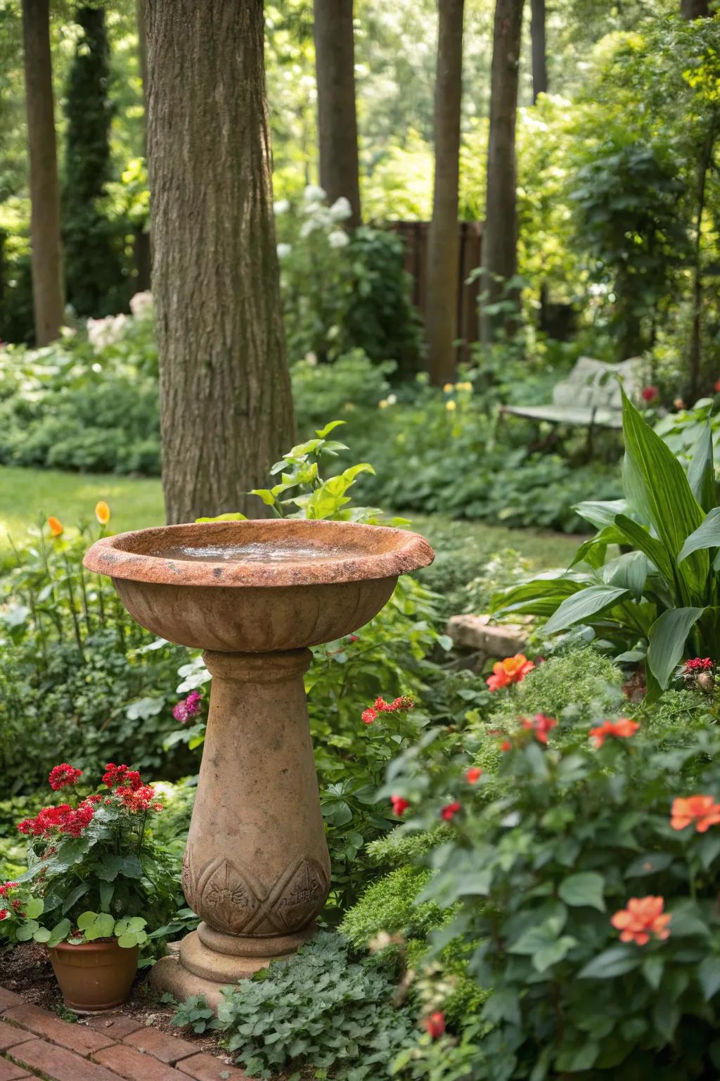 An earthenware bird bath, lending a rustic aura to a lively garden.