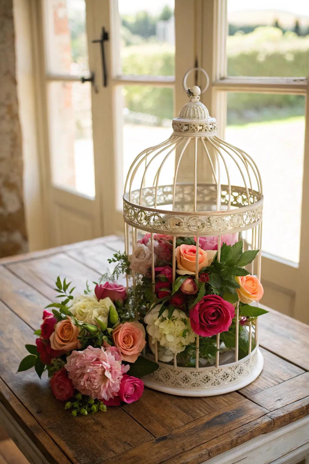 A blossom-laden cage centerpiece radiating romantic appeal.