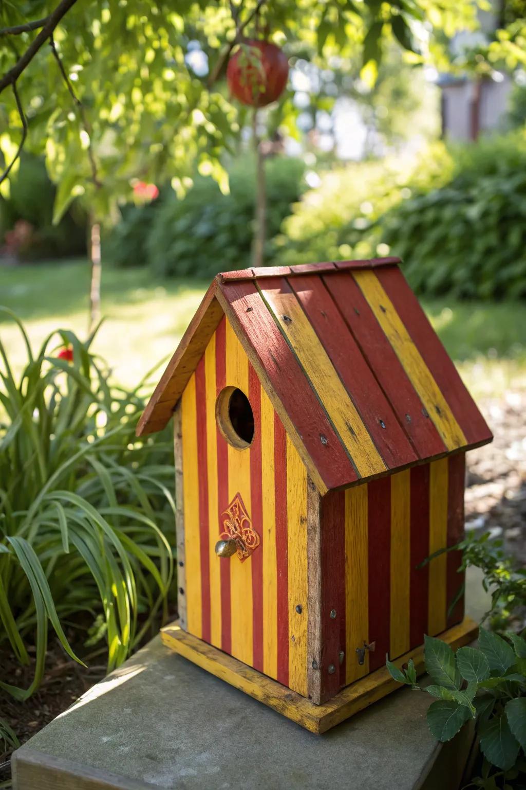 Make a statement in your garden with bold stripes: A vibrant birdhouse that stands out with craftsmanship and color.