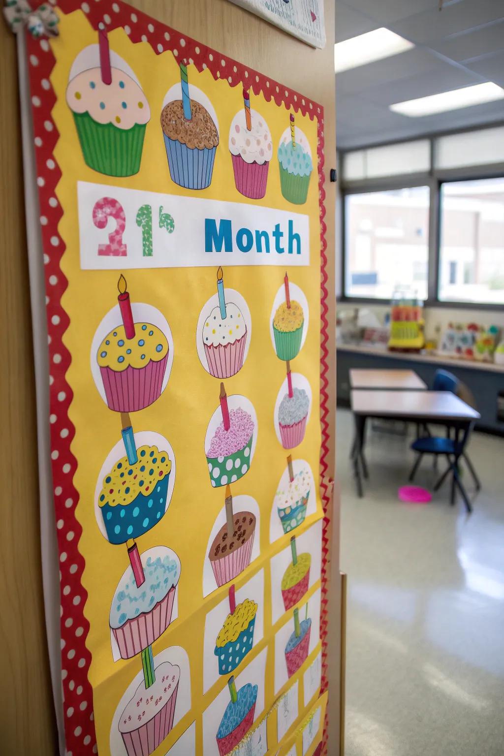 Cupcake-themed birthday board organized by month.