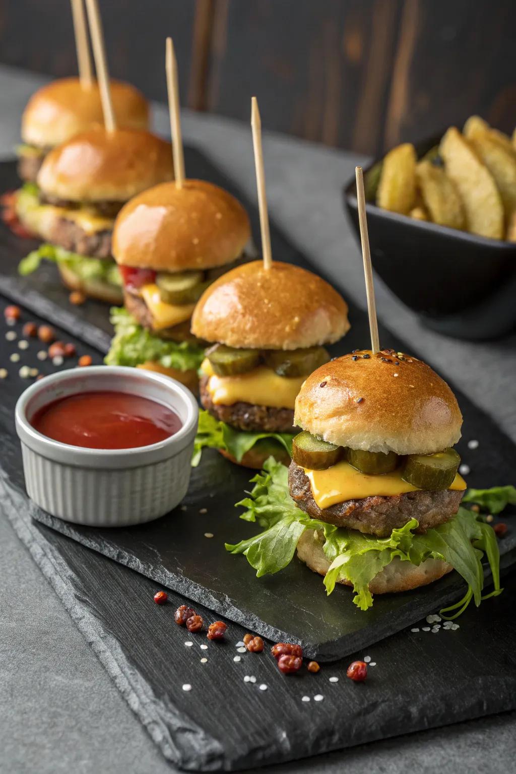 Mini burger skewers, a fun and tasty party starter.