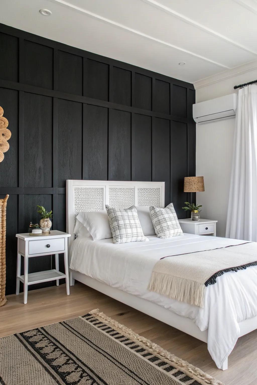 A bedroom showcasing the impressive contrast between a black statement wall and clean white decor.