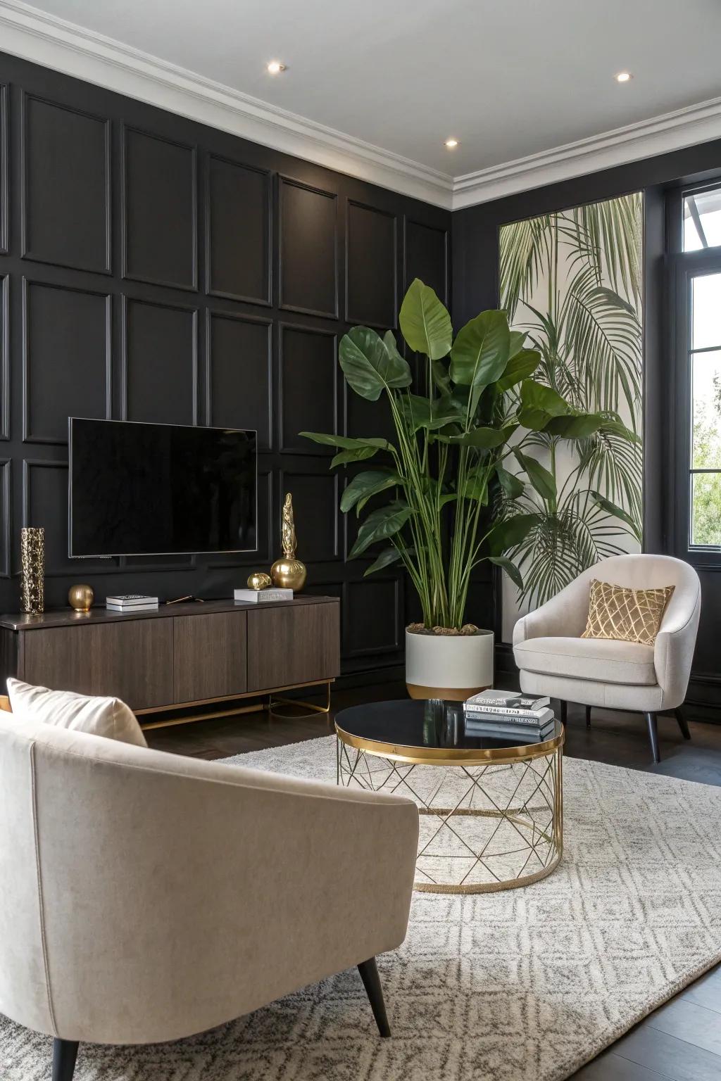 A chic living room features a black accent wall, paired with contemporary furniture and verdant plants for a lively atmosphere.