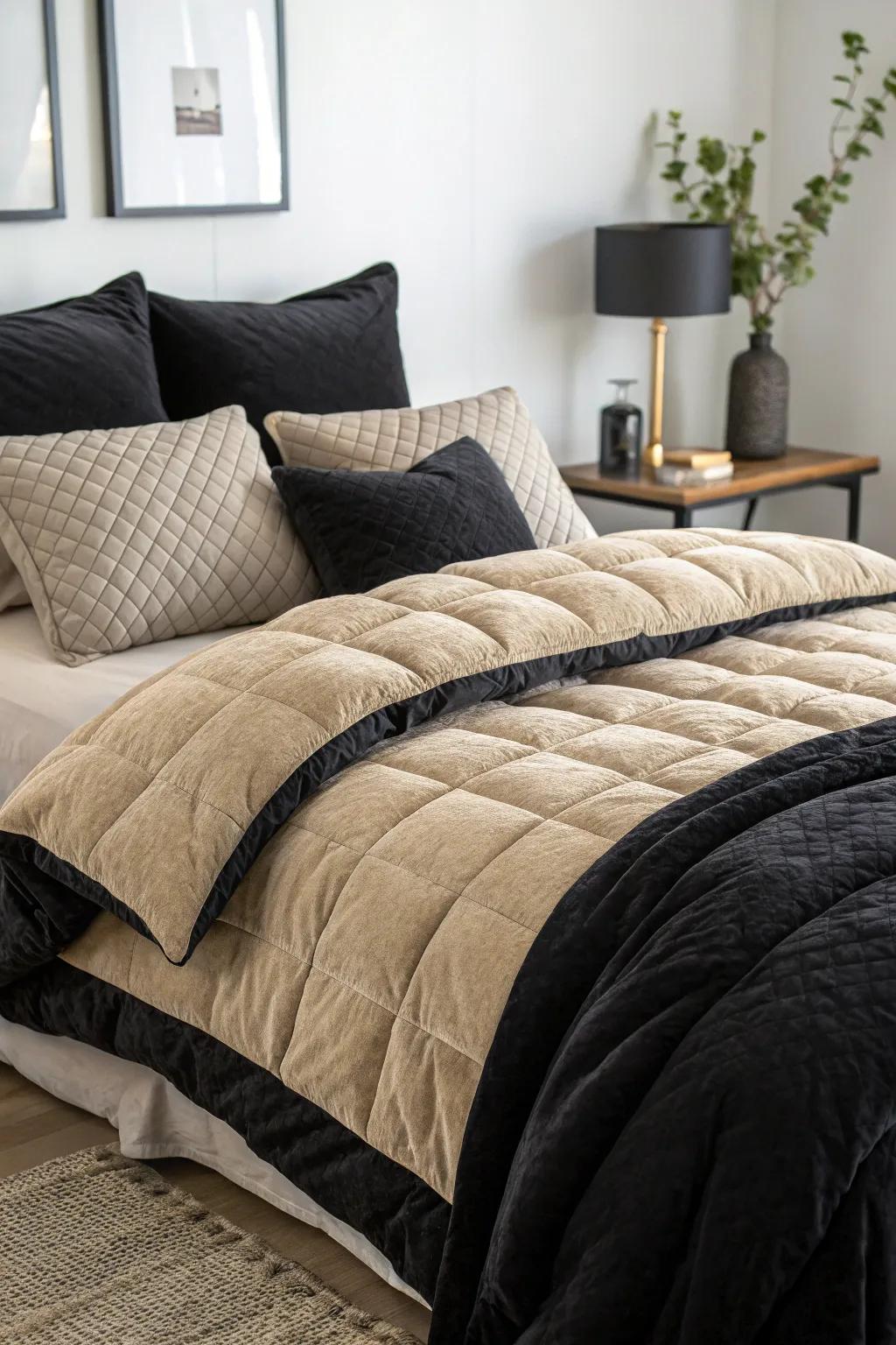 Stacking layers of bedding using charcoal and cream tones results in an inviting, cozy atmosphere.