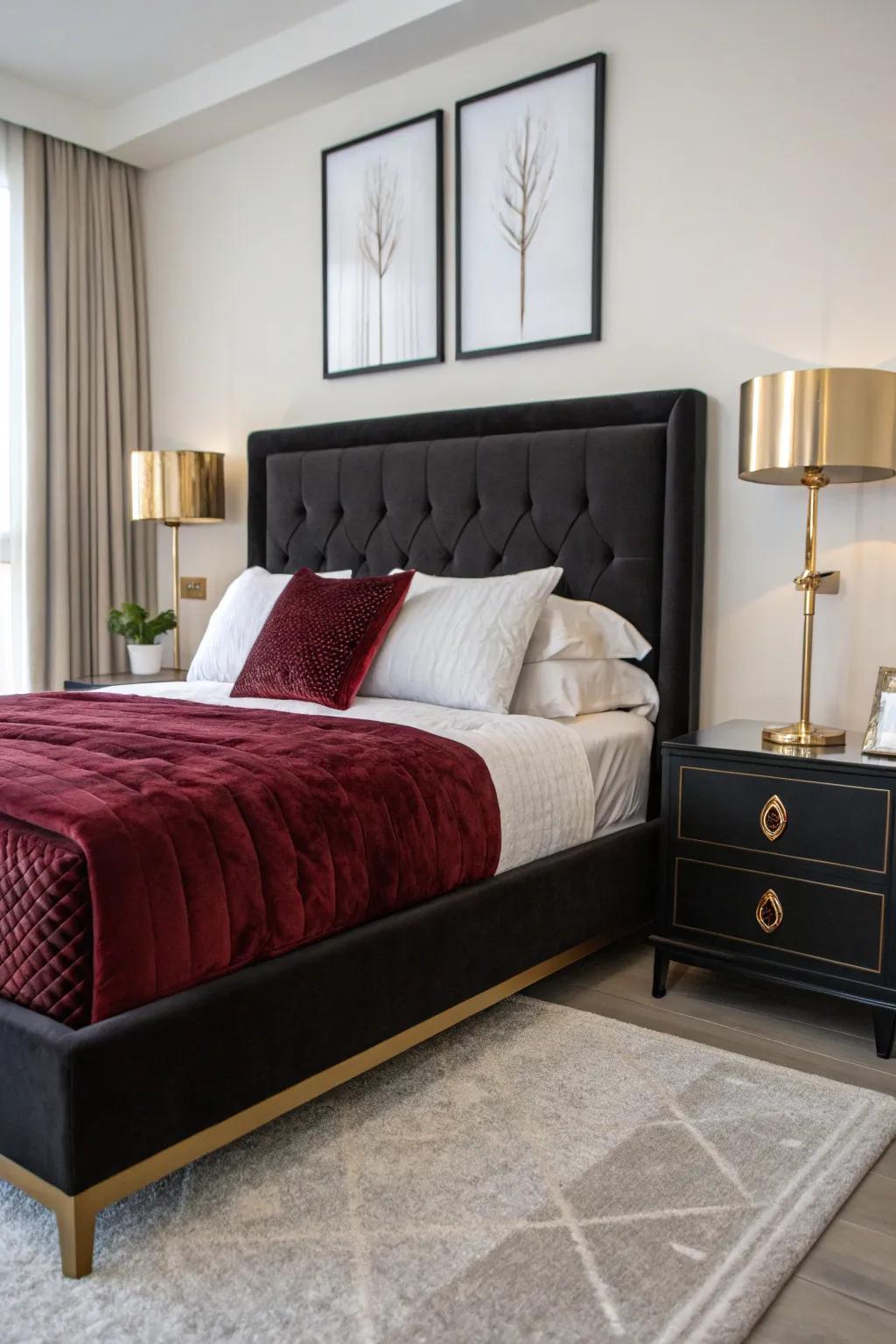 Design a central attraction with black and burgundy bedding that emanates richness and warmth.