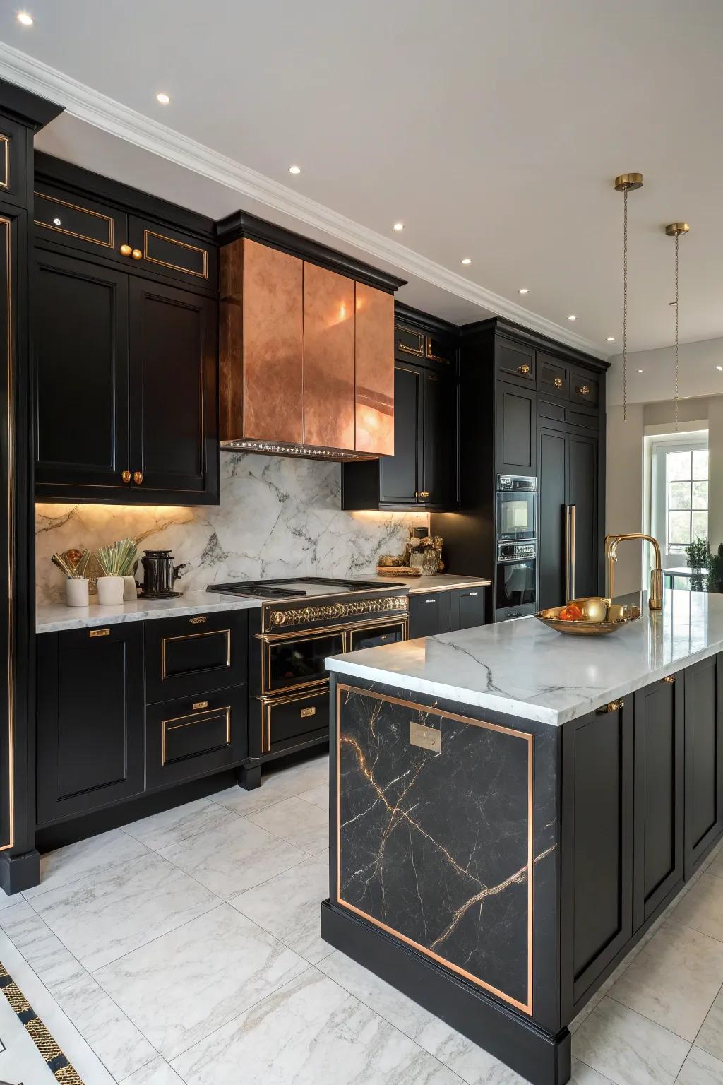 Black cabinets and copper worktops unite to create a luxurious kitchen atmosphere.
