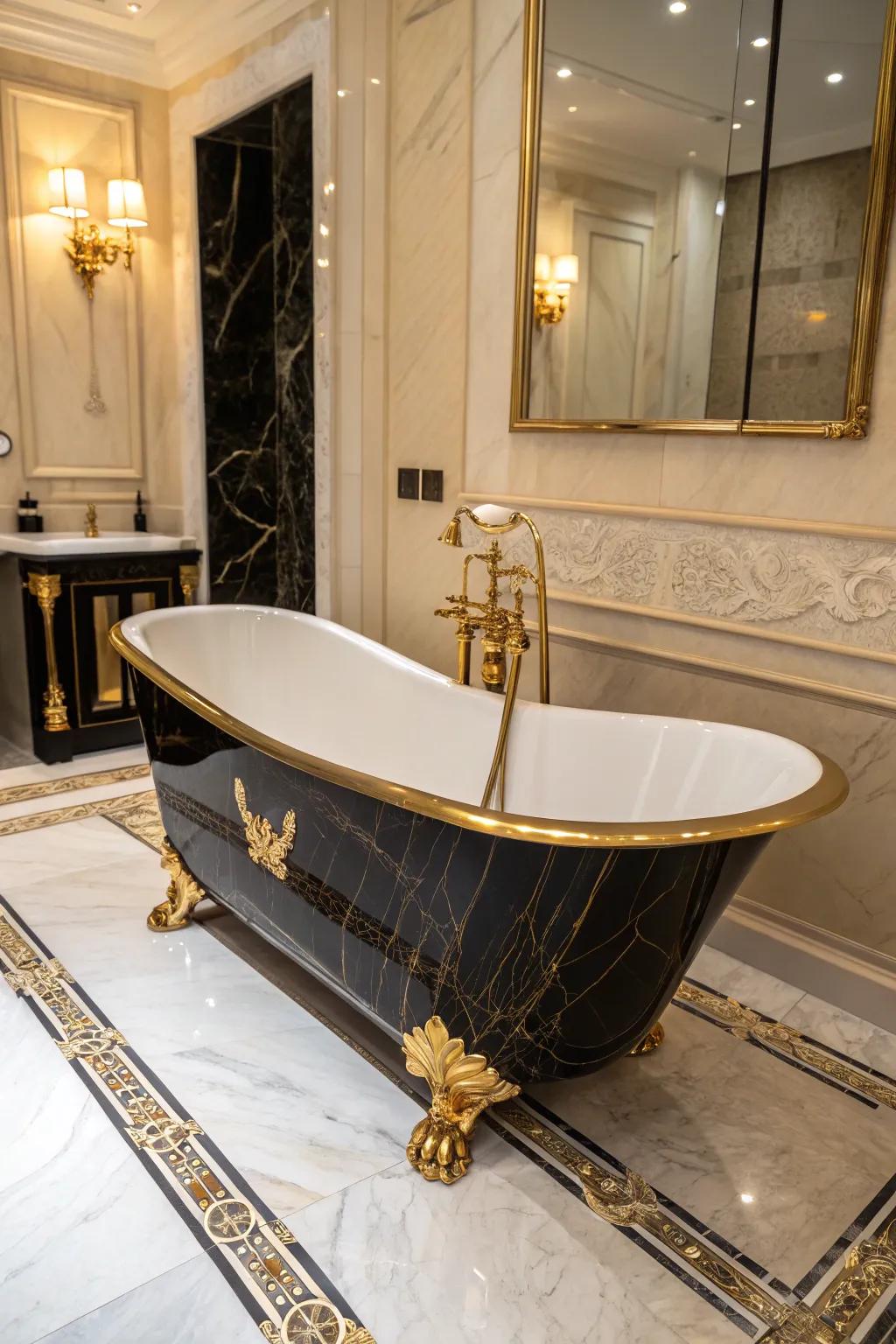 A black and gold bathtub becomes a captivating focal point in the bathroom.