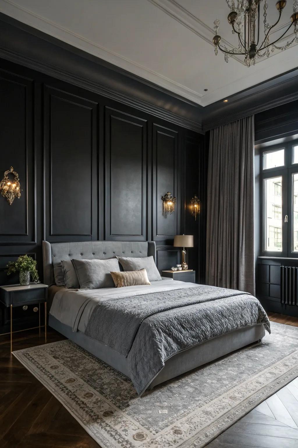 A bedroom featuring audacious black walls and grey accents for a dramatic scene.