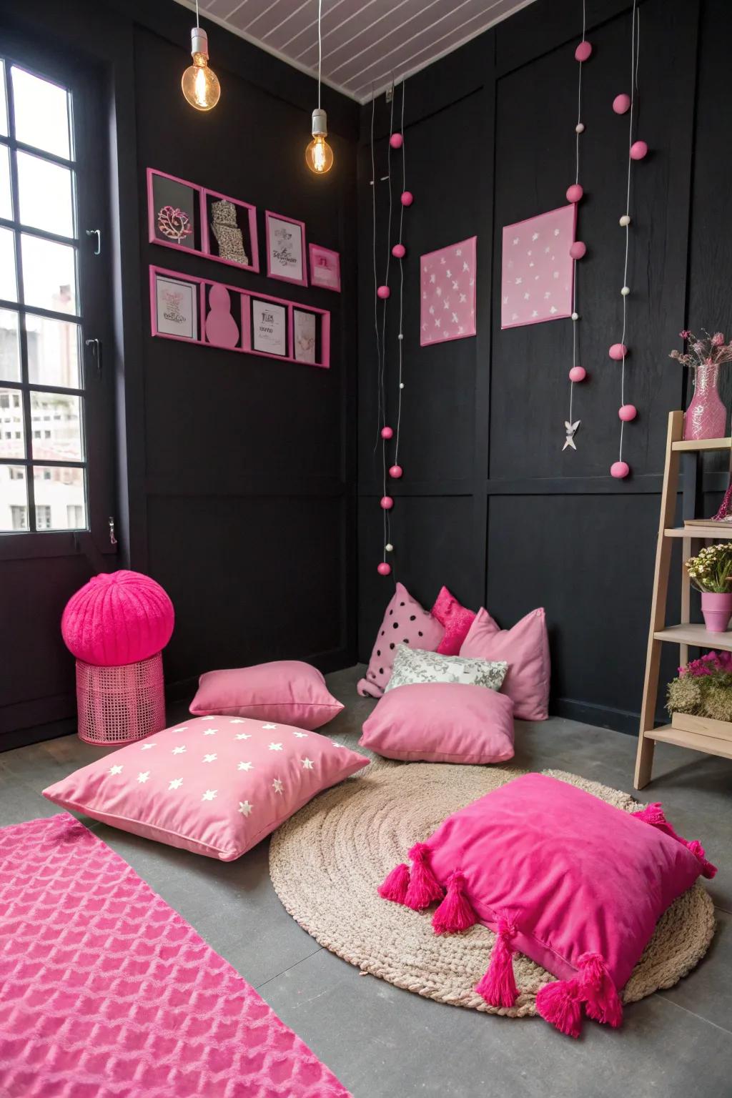 Dynamic pink features against black backgrounds create a stylish and energetic visual.