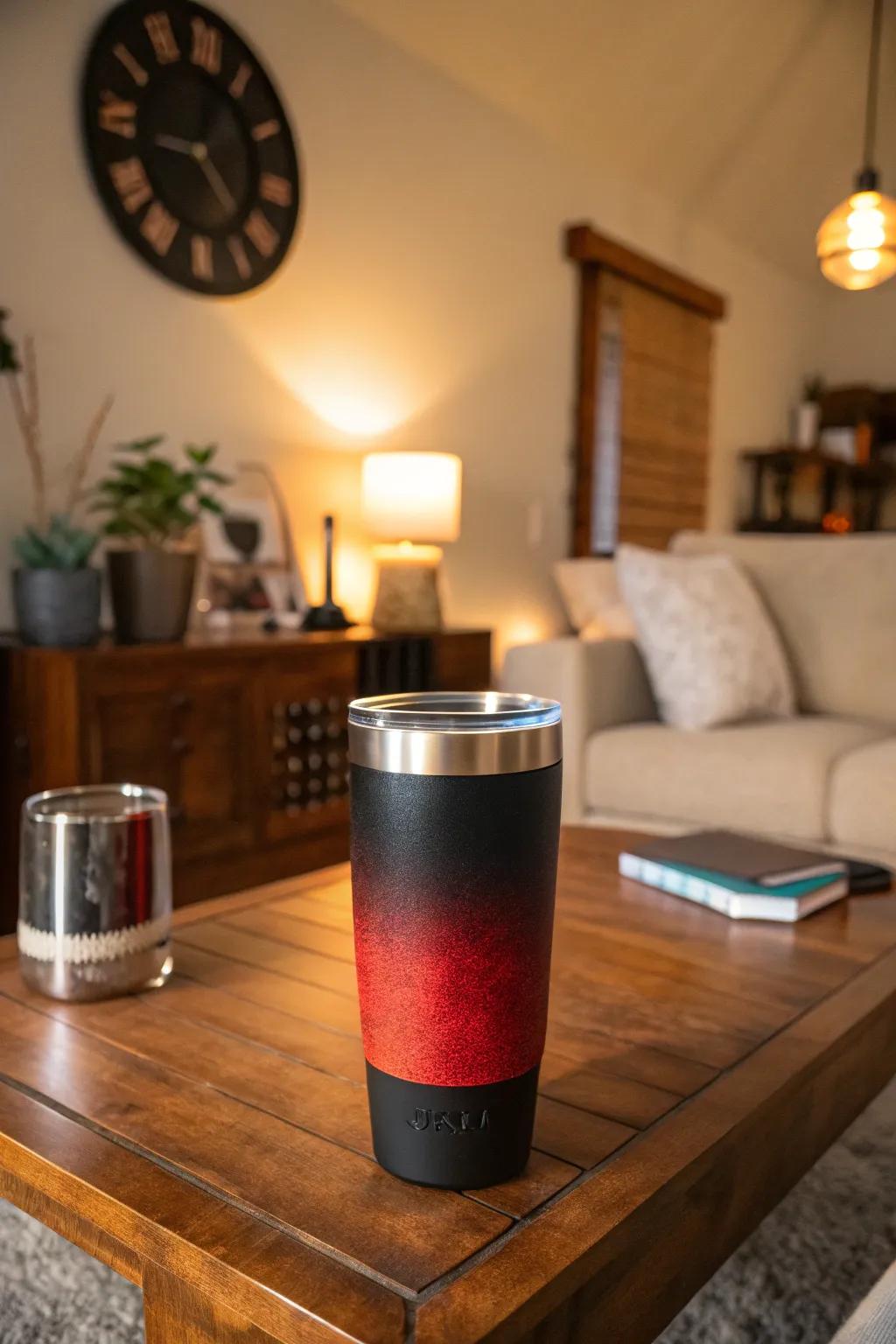 A graceful black to red fade tumbler radiating sophistication.