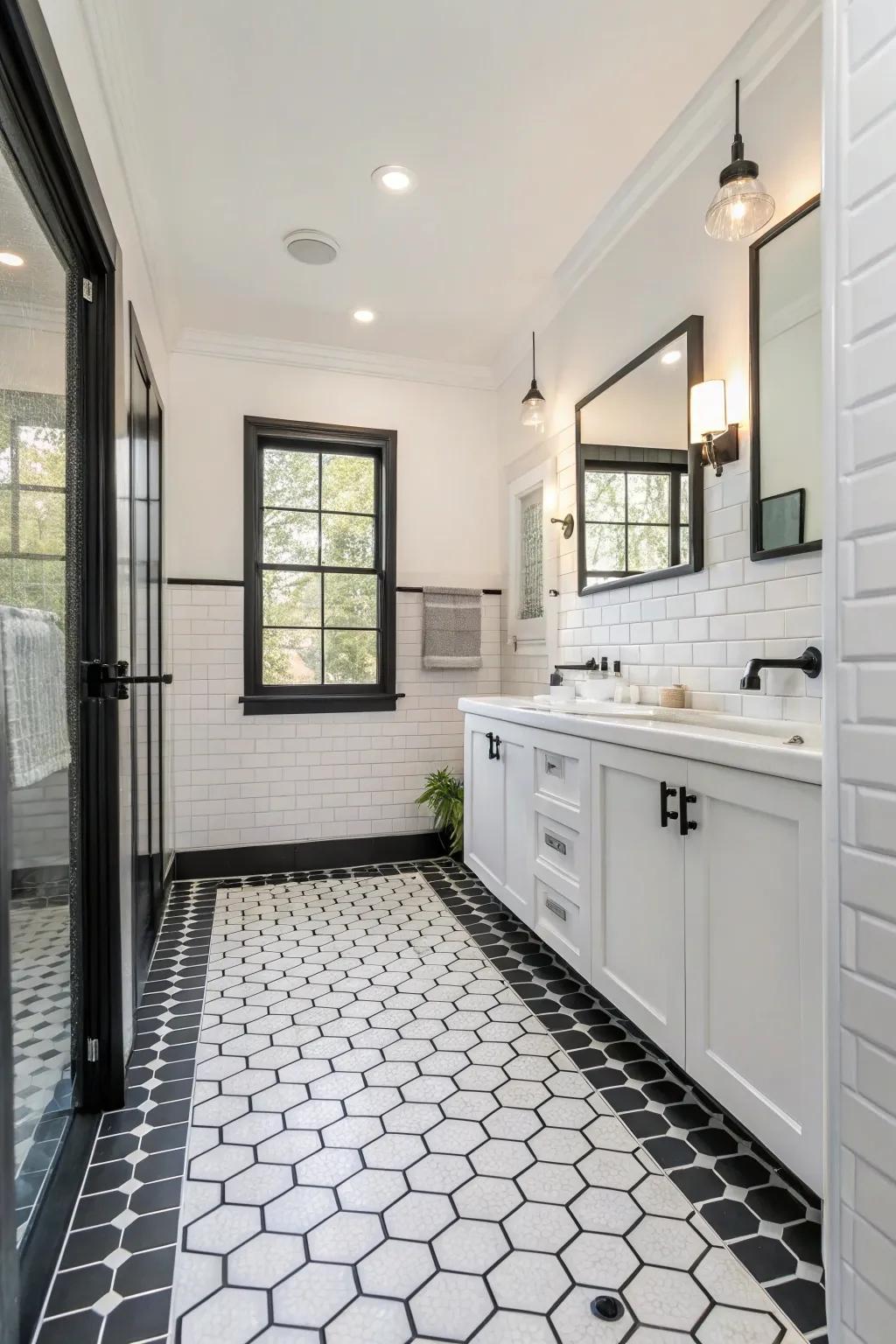 Geometric floor tiles lay a daring foundation for a monochrome bathroom.