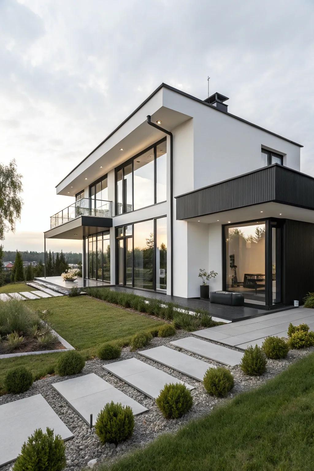 A modern home flaunting a sleek black and white exterior and minimalist landscaping.
