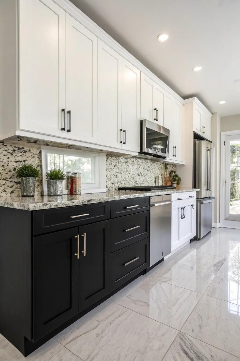 A modern cooking area boasting striking dark lower cabinets and immaculate white upper cabinets.