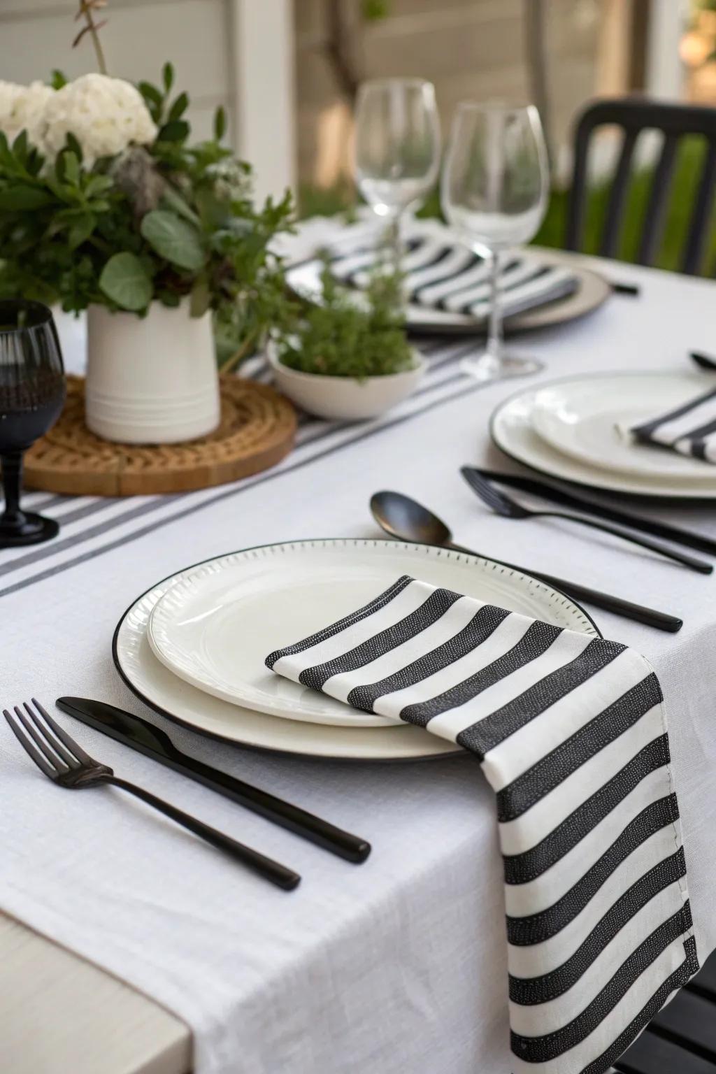 A refined dark and light tablescape adds sophistication to any meal.