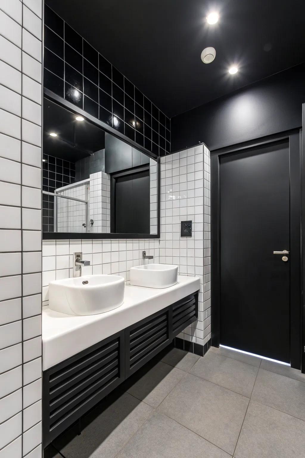 The contrast between black and white creates a timeless, refined bathroom atmosphere.