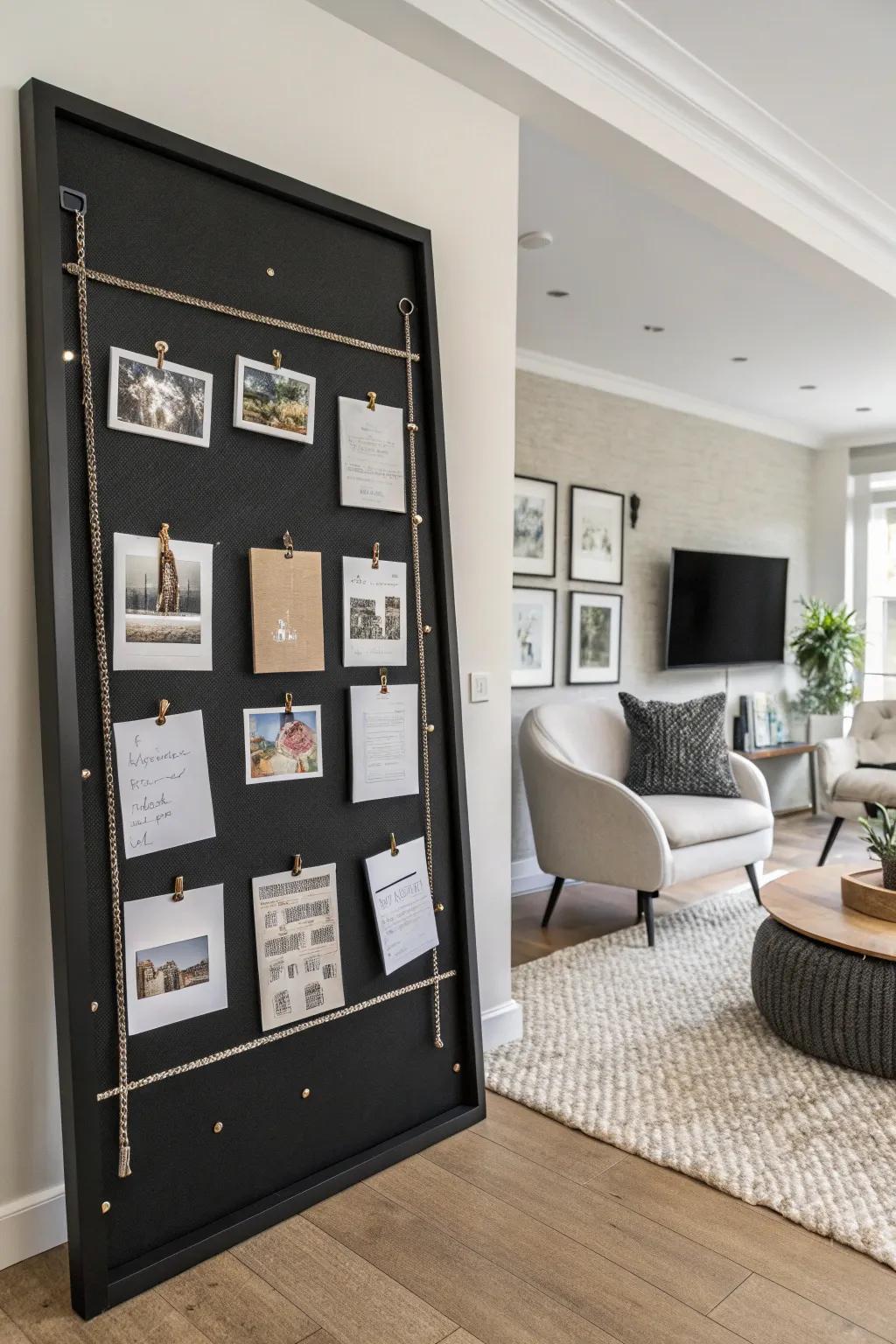 Simplicity combines with practicality in a dark memo board that puts your cherished moments in the spotlight.