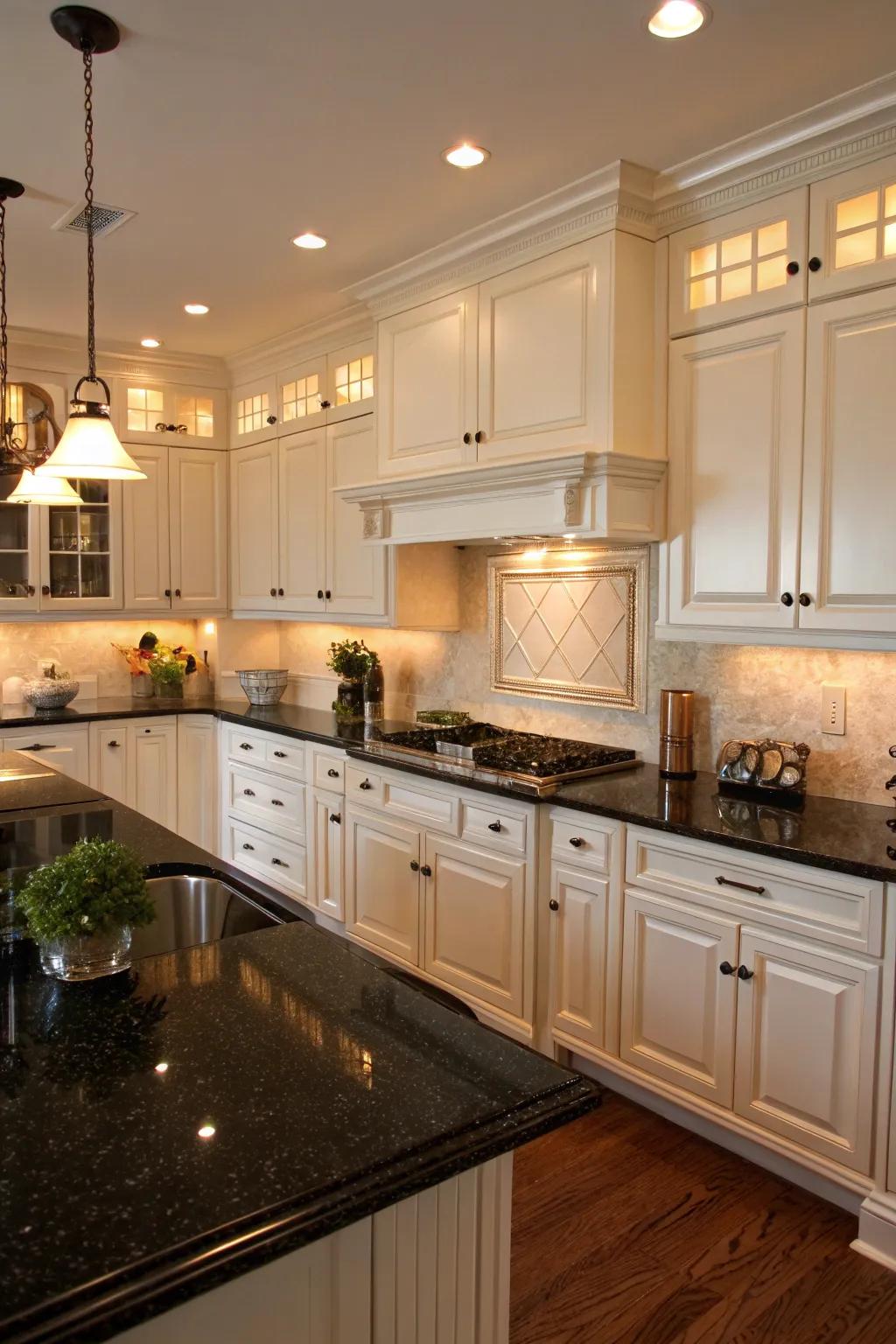 A cooking space that displays the traditional dark and snow-colored contrast.